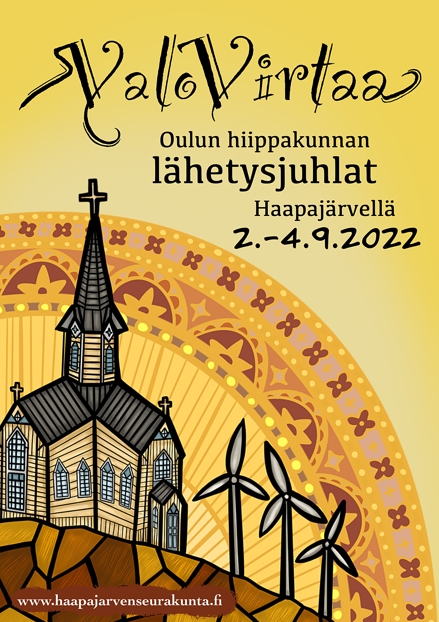 Hiippakunnan lähetysjuhlien juliste, kuvassa piirretty Haapajärven kirkko