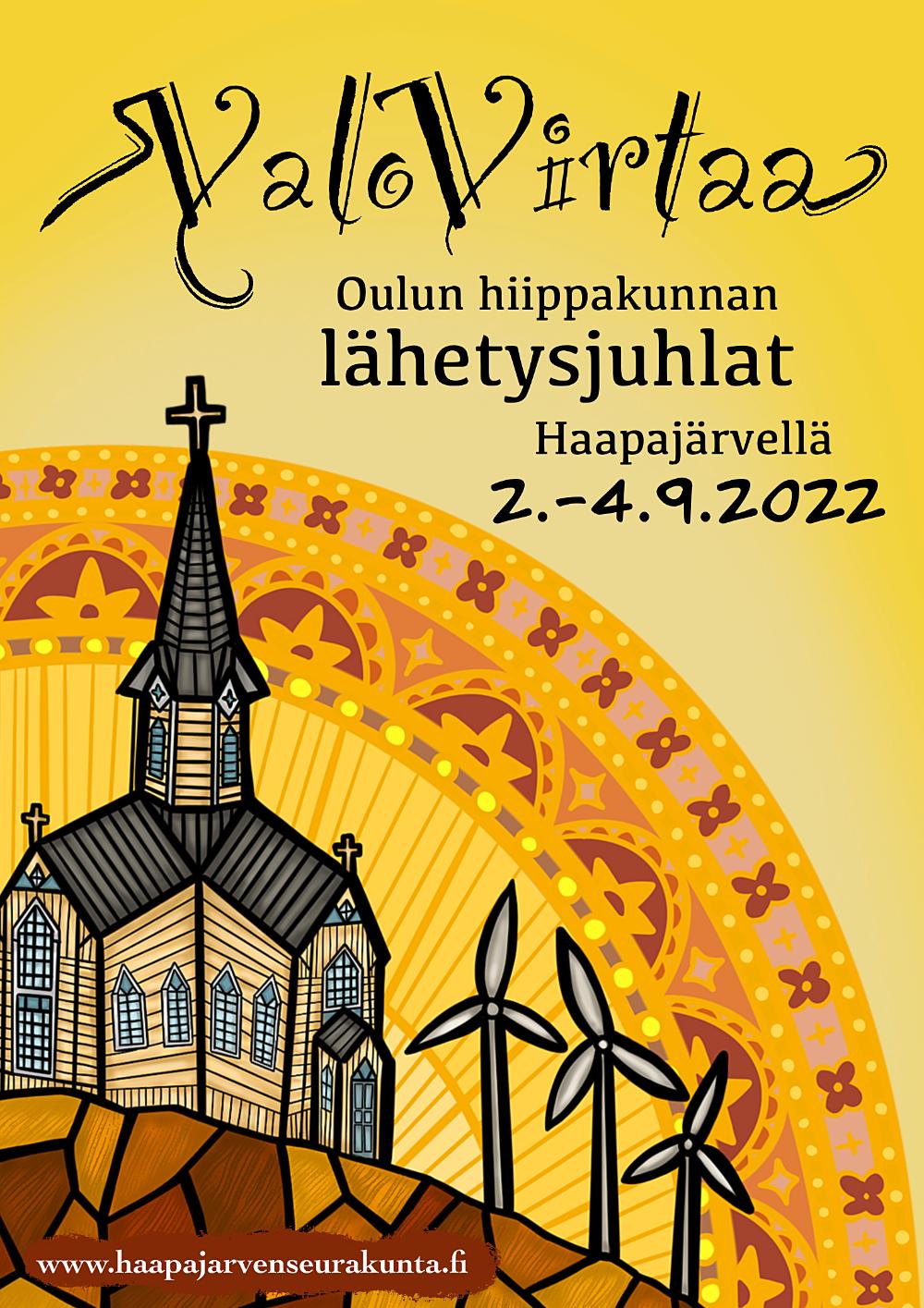 Lähetysjuhlien juliste, piirretty Haapajärven kirkko ja tuulimyllyjä